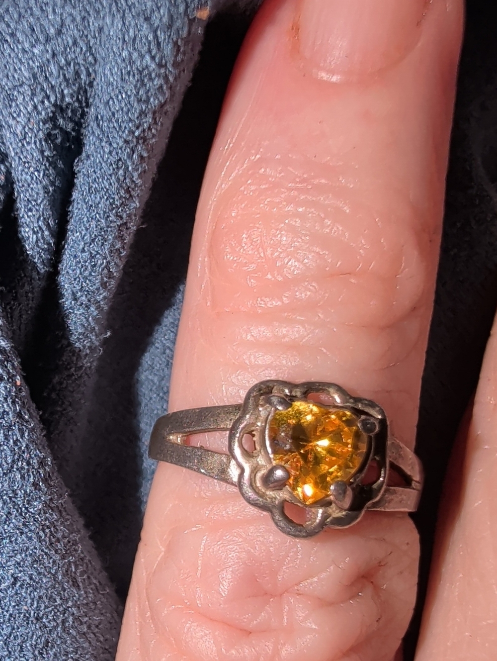 Unique Vintage Sterling Heart Citrine-Color Flower Ring